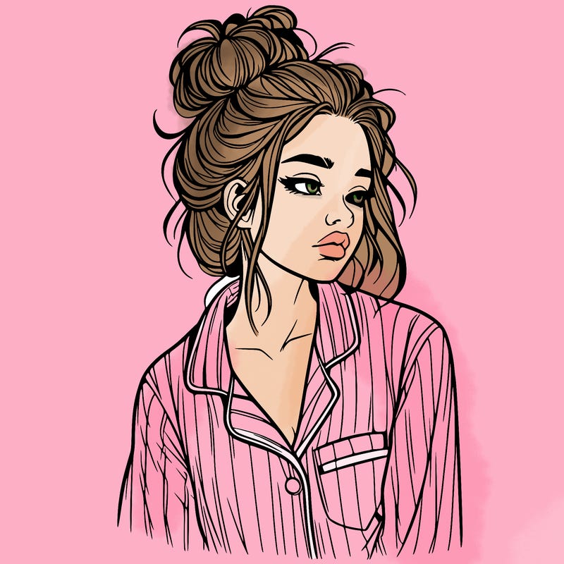 realistic woman with pajamas on and a messy bun