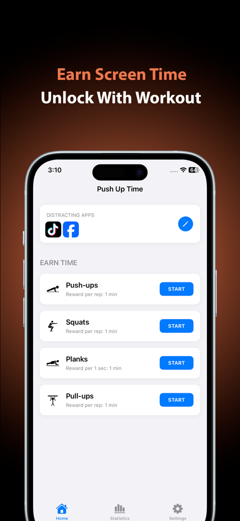 Push Up Time - Block Apps - Push Up Time app home screen showing workout options like push ups and squats to unlock distracting apps