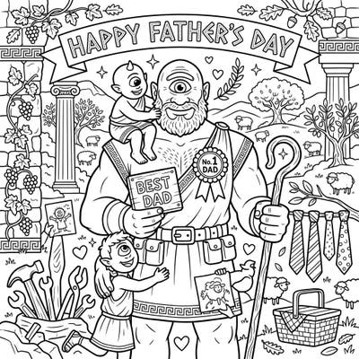 Journey to a world where mythical giants celebrate with love, as a powerful Cyclops dad enjoys a special Father's Day with his adoring children. This unique coloring page blends ancient lore with heartwarming family moments, perfect for a memorable gift or a relaxing artistic escape.