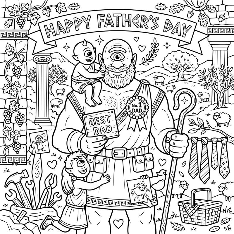 Journey to a world where mythical giants celebrate with love, as a powerful Cyclops dad enjoys a special Father's Day with his adoring children. This unique coloring page blends ancient lore with heartwarming family moments, perfect for a memorable gift or a relaxing artistic escape.