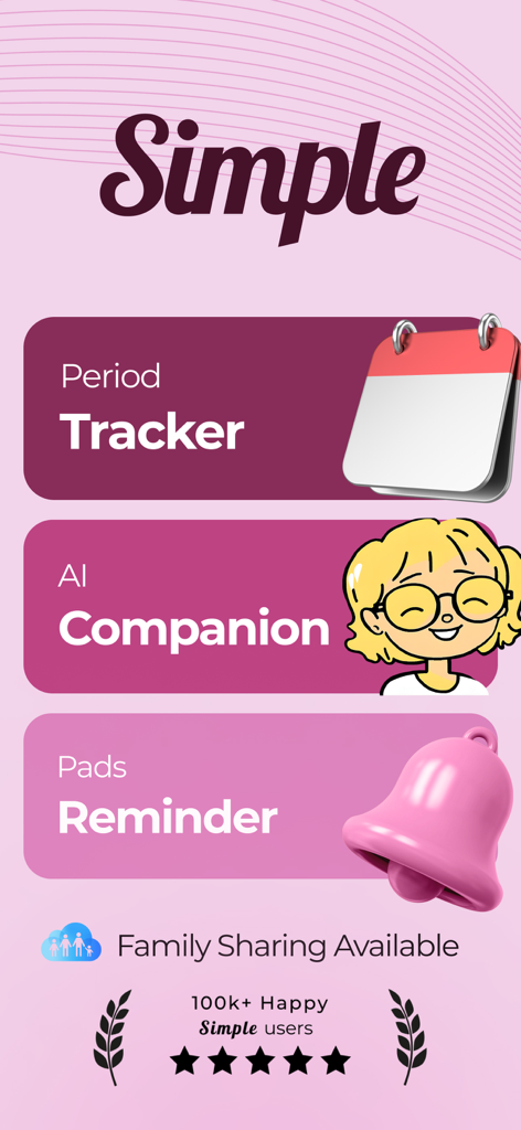 Simple Period Tracker - Interface of Simple Period Tracker showing features like AI Companion, calendar, and supply reminders