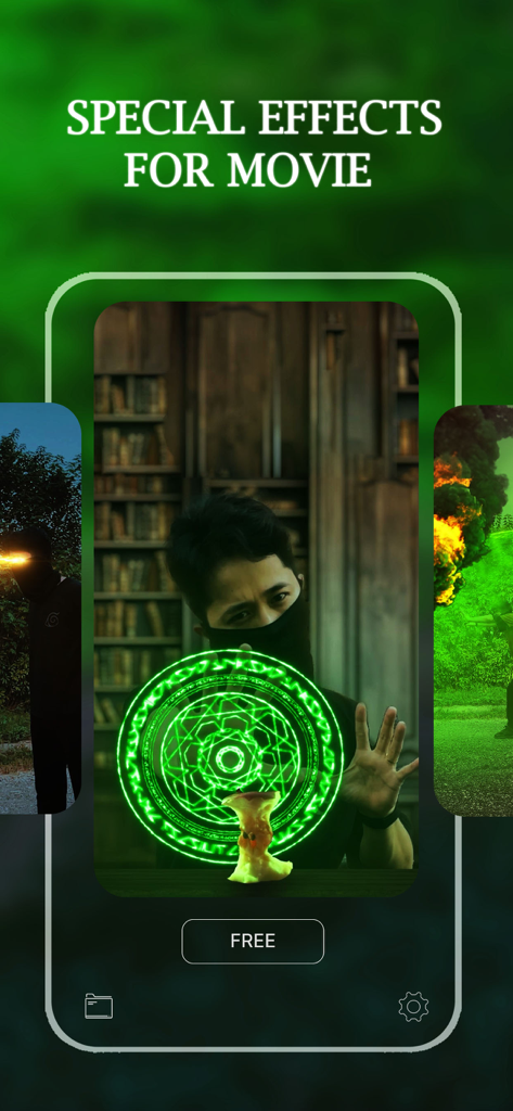 VFX Video Editing Super Powers - A man demonstrating a glowing green magic circle superpower special effect in the VFX Video Editing app.