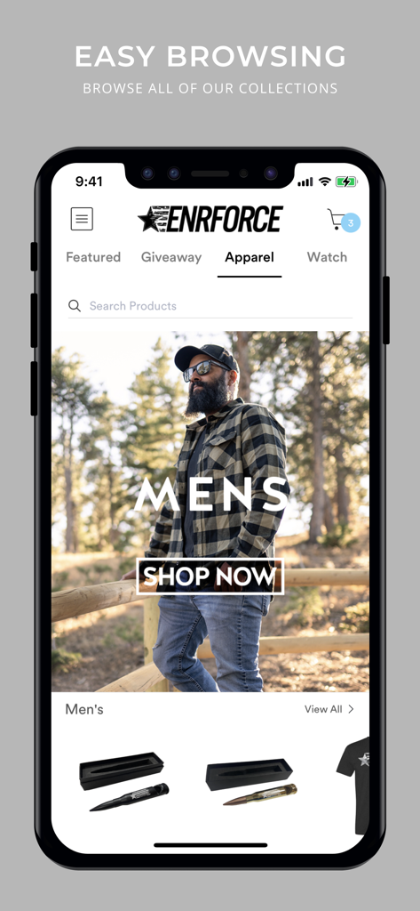 ENRFORCE - ENRFORCE app interface showing the men's apparel collection for easy browsing