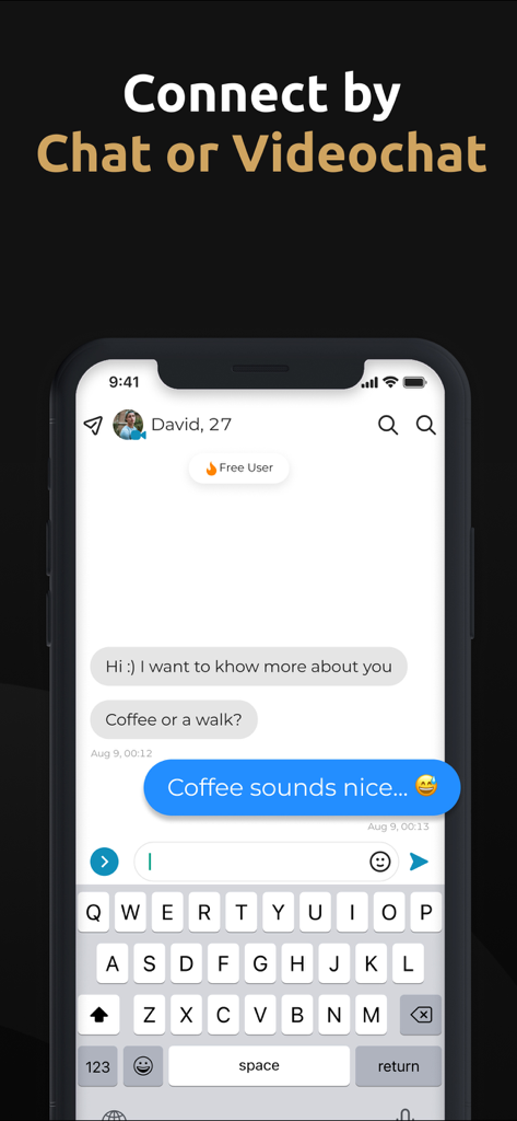 A screenshot of the GuysOnly app showing a chat interface between two gay men with a prompt to connect by chat or videochat.