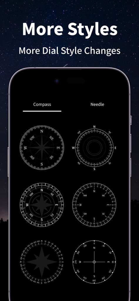 Compass-Altitude&GPS Location - Mobile screen displaying six different compass dial design options