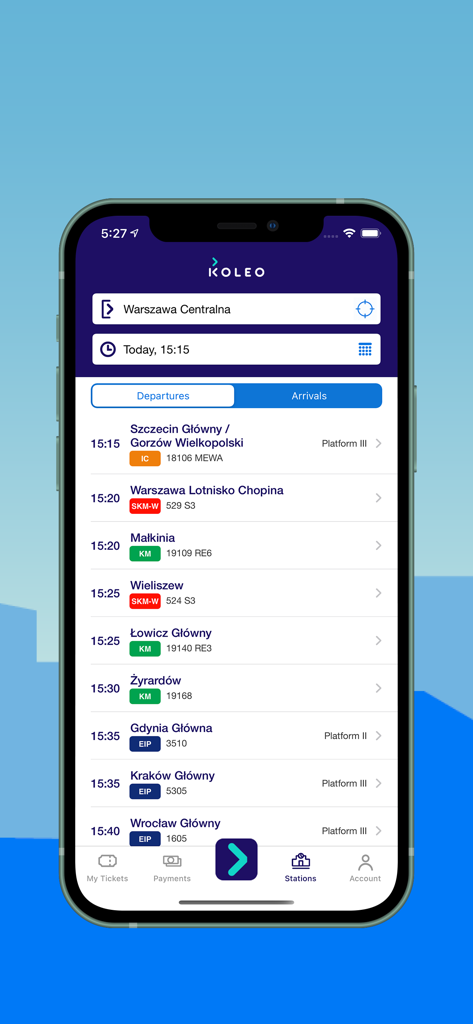 KOLEO app showing train departures from Warsaw Central station