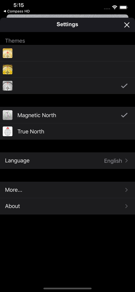 Beautiful Compass Pro - Pantalla de configuración de Beautiful Compass Pro que muestra opciones de tema y orientación norte.