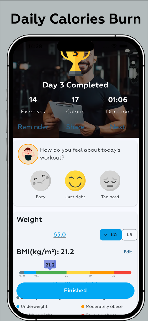 Home Workout - Fit At Home - Écran de résumé de fin d'entraînement de l'application Home Workout, indiquant les calories brûlées, la durée et le suivi de l'IMC.