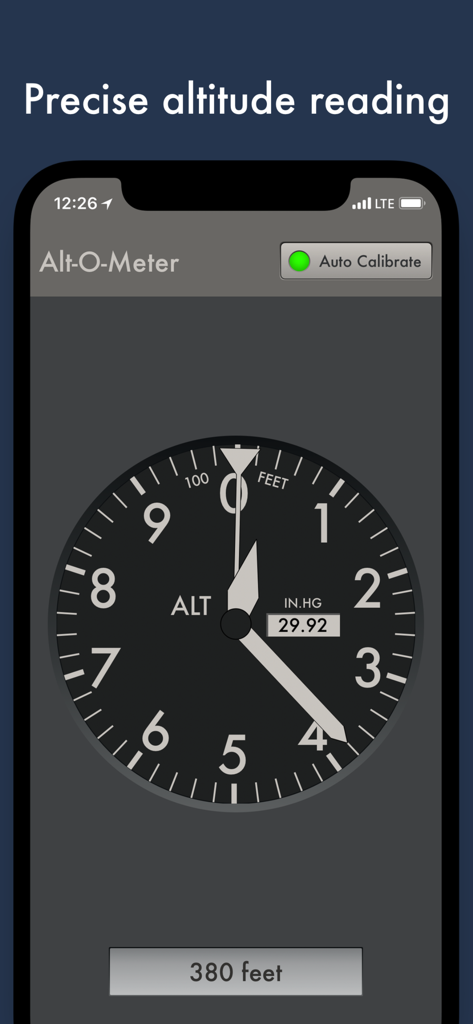 Alt-O-Meter - Interface do aplicativo Alt-O-Meter mostrando uma leitura de altitude de 380 pés em um mostrador de altímetro retrô no estilo de avião.