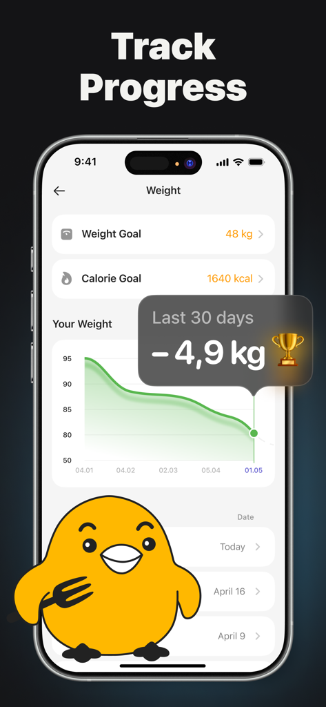 Un gráfico de progreso de peso en la aplicación Calz que muestra una tendencia a la baja y un hito exitoso de pérdida de peso de 4.9 kg en 30 días.
