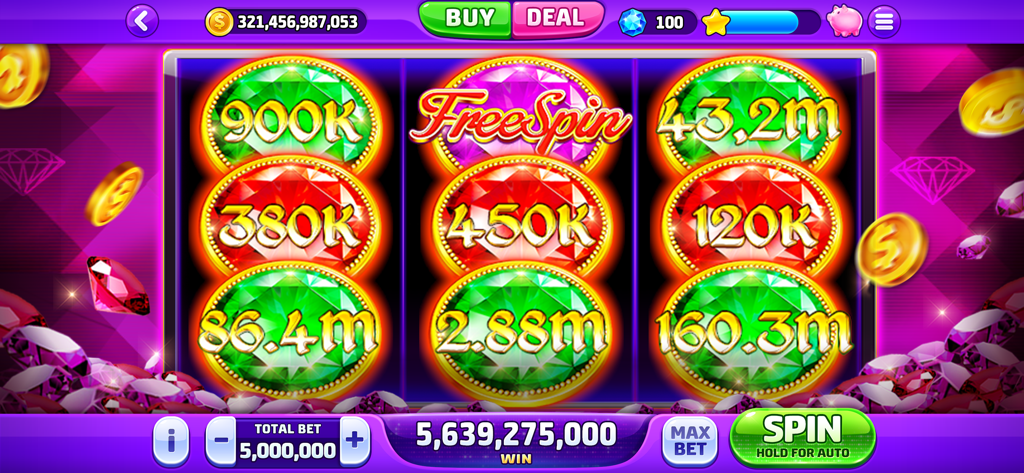 Screenshot di Classic Vegas Casino Slots che mostra una massiccia vincita di monete su una macchina a tre rulli a tema smeraldo e rubino