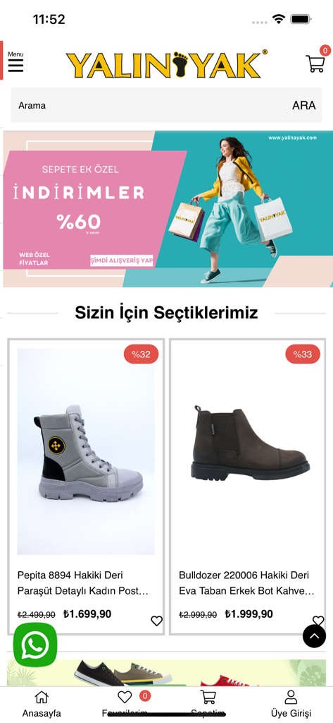 Yalın Ayak - Yalin Ayak mobile app interface showing various leather boots and promotional offers