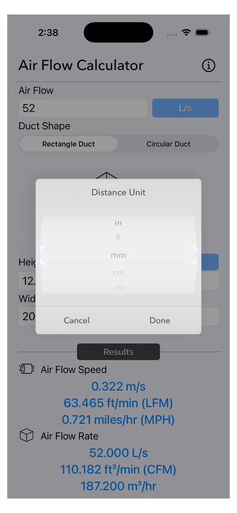 Air Flow Conversion Calculator - Air Flow Conversion Calculator app interface showing distance unit picker and airflow results