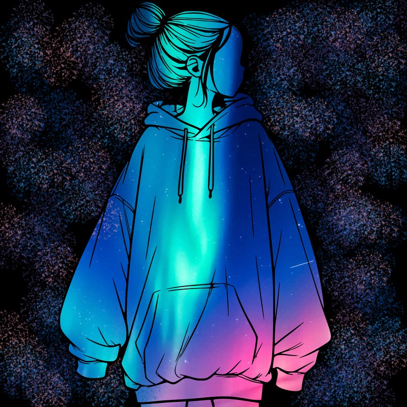 realistic girl with a oversized sweatshirt on and a bun