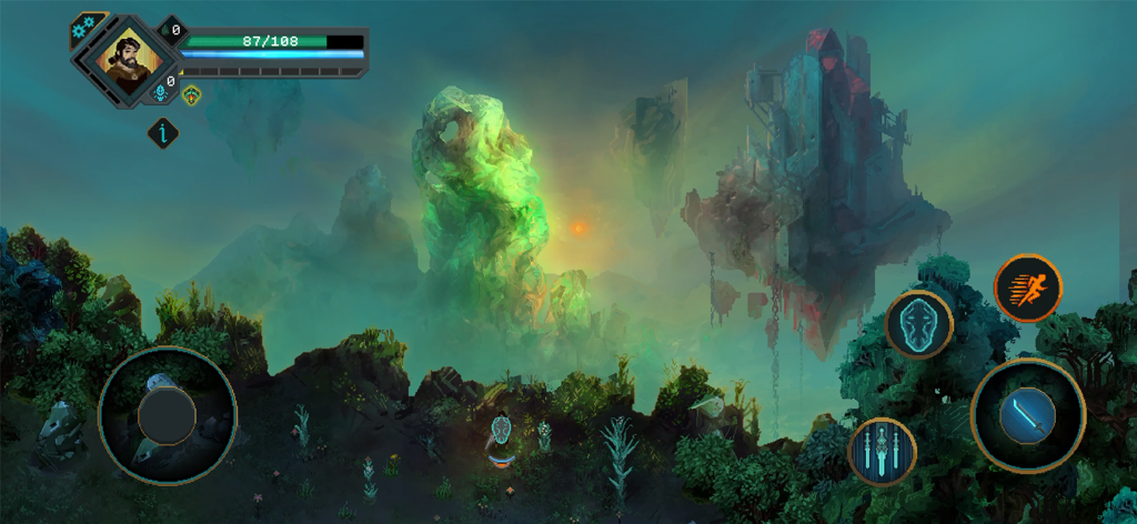Children of Morta - Capture d'écran de gameplay de Children of Morta présentant des îles flottantes atmosphériques en pixel art et des contrôles tactiles mobiles
