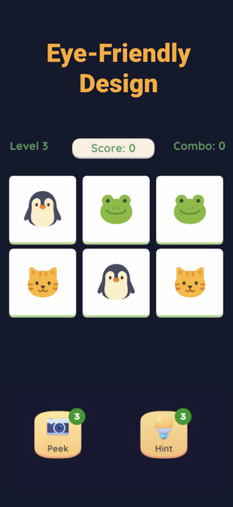 Memory Match: Focus & Recall - A screenshot of the Memory Match game showing a grid of large animal cards and an eye friendly design for easy visibility