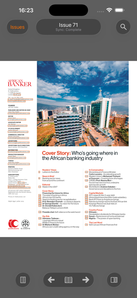 African Banker - Table of contents page for issue 71 of the African Banker magazine app