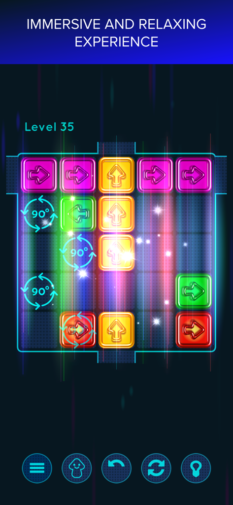 A minimalist logic puzzle screen from ARROW Premium showing colorful glowing arrow tiles on a grid for Level 35.
