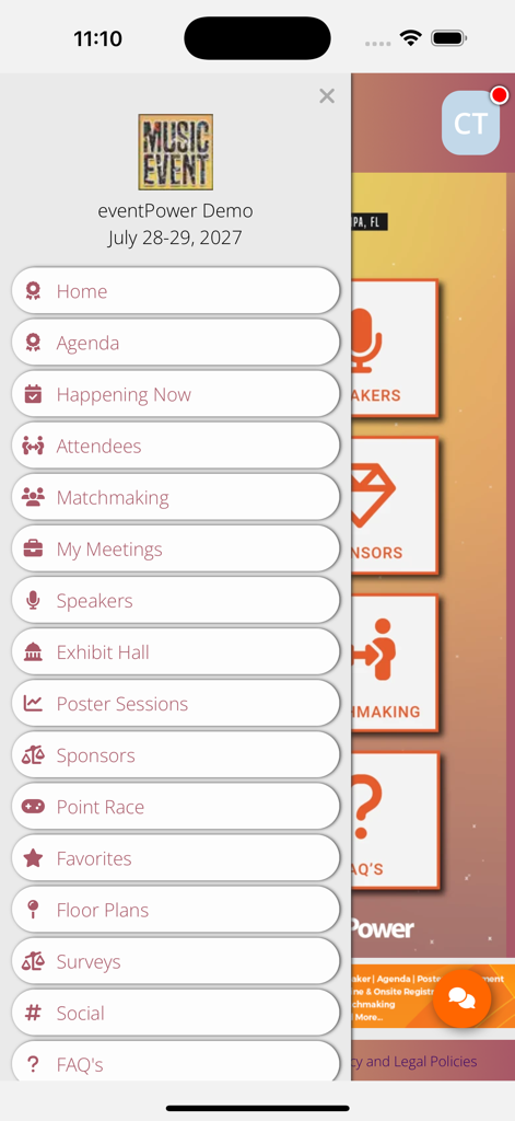 ShoApp - ShoApp mobile application navigation drawer showing event features like agenda attendees and matchmaking