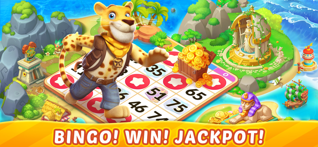 Bingo Aloha game screen with explorer leopard character, bingo card, and gold coins on a tropical island.