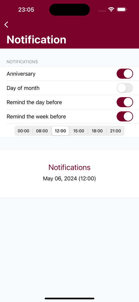 Interface showing notification options for anniversary and monthly reminders in the LoveCounter app.