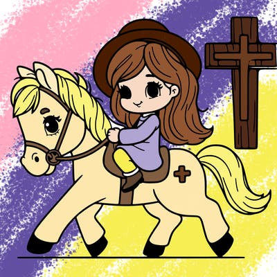 girl riding a horse with a cross
