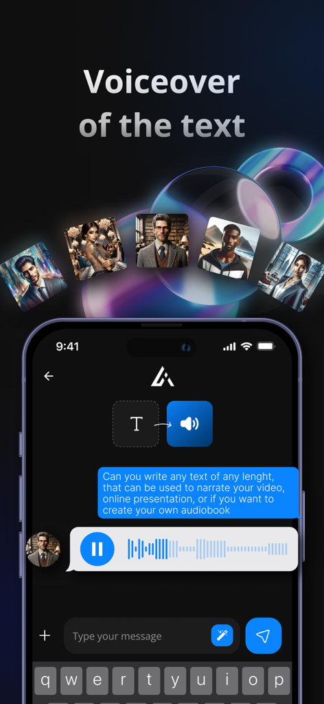 AI Chat on - My Assistant Pro - AI Assistant app interface demonstrating the voiceover and text to speech feature with an audio waveform and play button.