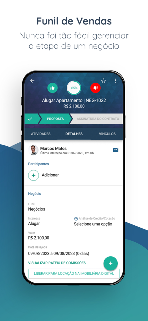 A smartphone screen displaying the Imobzi CRM app sales funnel and real estate deal management interface.