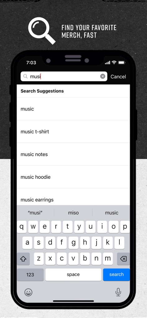 Hot Topic: Pop Culture Fashion - Hot Topic mobile app search screen showing suggestions for music themed merchandise and apparel.