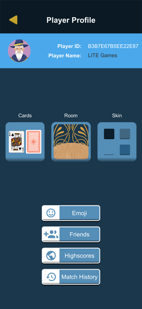 Schermata del profilo del giocatore con opzioni di personalizzazione per carte e temi di gioco