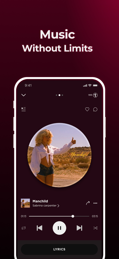 Uforia by TREBEL - Mobile app interface of Uforia by TREBEL showing a music player with playback controls and song lyrics option