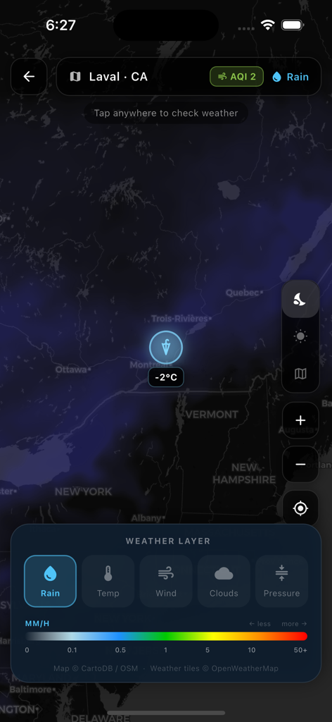 AllWeather Minimal - Interactive rain map layer in the AllWeather Minimal app showing precipitation intensity and location temperature on a dark theme.