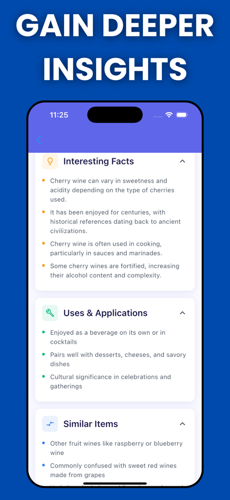Identify Anything: AI Scan - Mobile app interface showing detailed information categories like Interesting Facts and Uses for a scanned item.