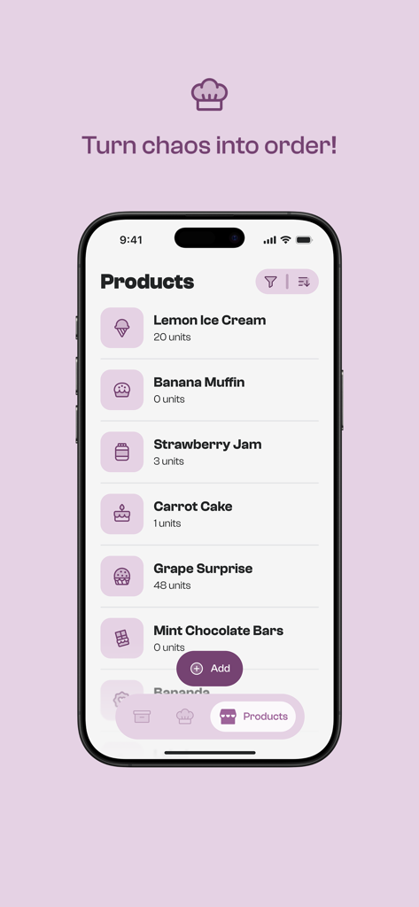 Bizou: tips for your business - Bizou app interface showing a list of food products with their stock units like banana muffins and strawberry jam