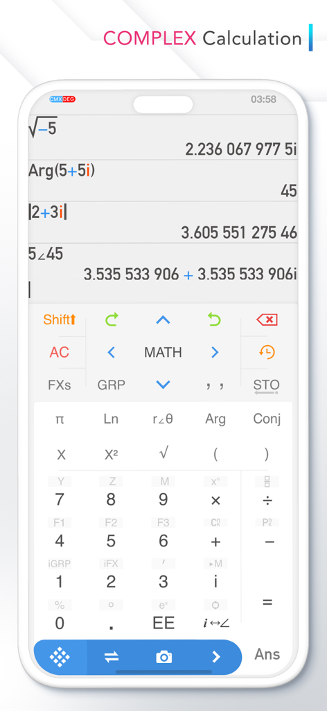 Calculator # - Pantalla de un smartphone que muestra la aplicación Calculadora # realizando cálculos matemáticos complejos con números imaginarios.