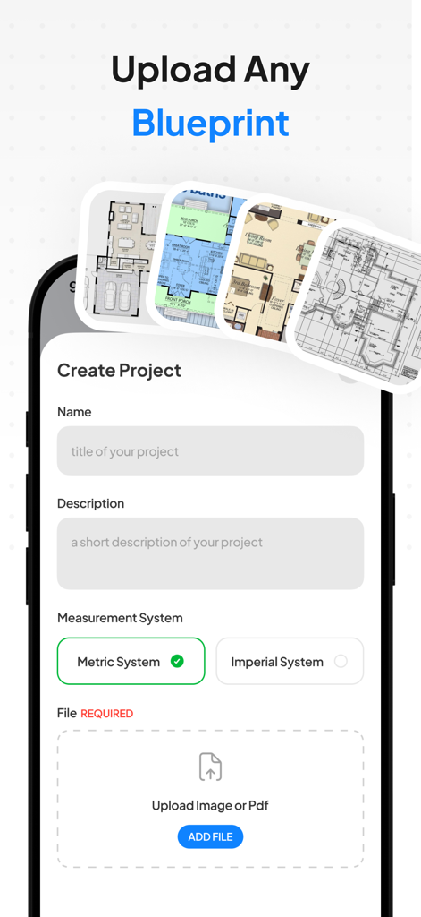 Planformer – Smart Takeoffs - Create project and upload blueprint screen