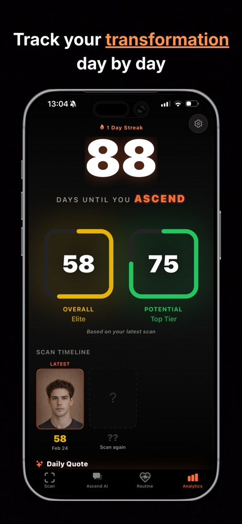 Ascend - Looksmax & Mog AI - Ascend looksmax app dashboard showing facial scan timeline and transformation progress tracking