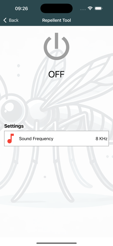 Anti Mosquito Repellent Sound - 蚊よけサウンドアプリのインターフェイス。電源ボタンと調整可能な音の周波数設定が表示されています。