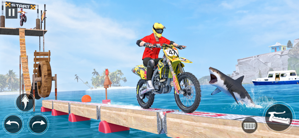 Bike Stunt 3D Race Bike Games - Um piloto de acrobacias de moto 3D correndo em uma pista de madeira sobre a água com um tubarão saltando.