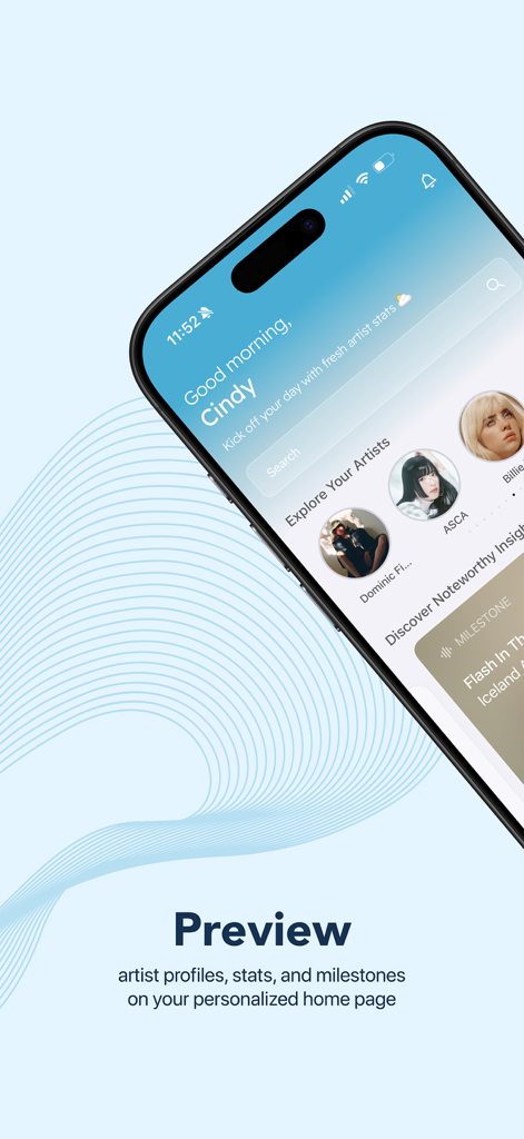 Tela inicial personalizada do aplicativo Chartmetric com perfis de artistas e insights da indústria musical