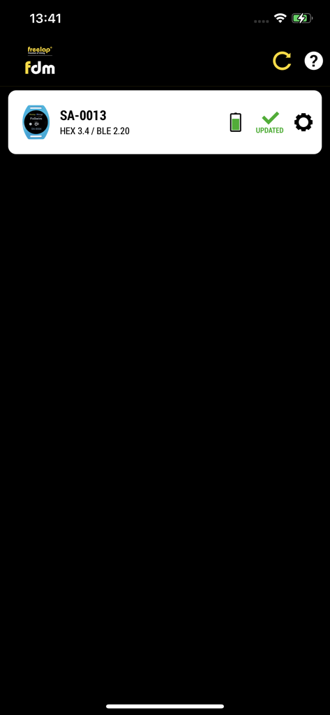 FDM - Freelap Device Manager app screen showing a connected timing device with updated status and battery level