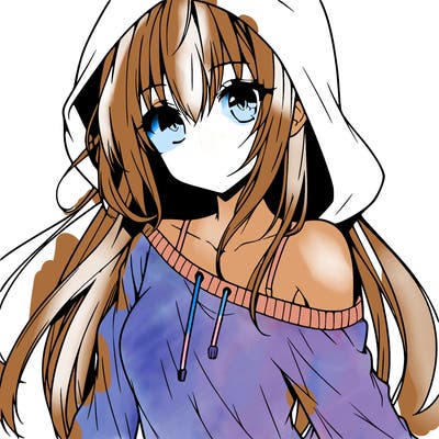 anime girl wearing long sleeve wearing hood, one shoulder sliding off side ways portrait