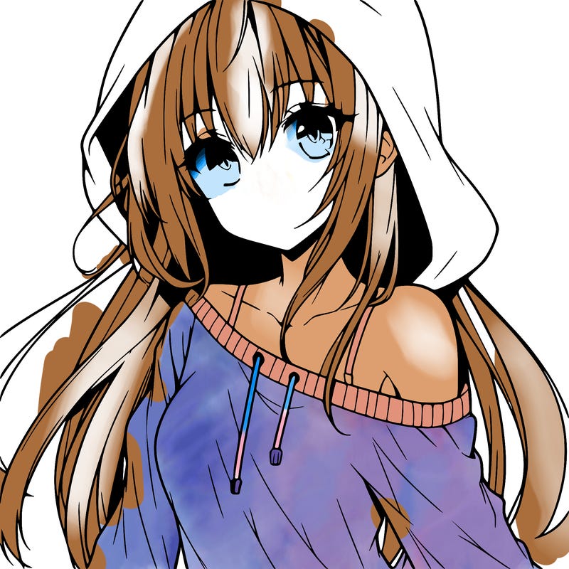 anime girl wearing long sleeve wearing hood, one shoulder sliding off side ways portrait