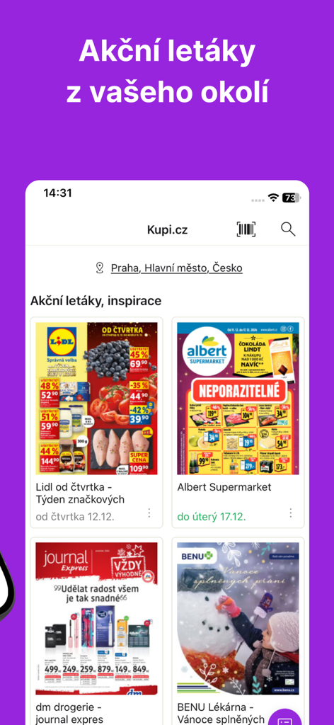 Kupi.cz - Rádce před nákupy - Mobile app screen showing digital promotional flyers for various supermarkets and retail stores