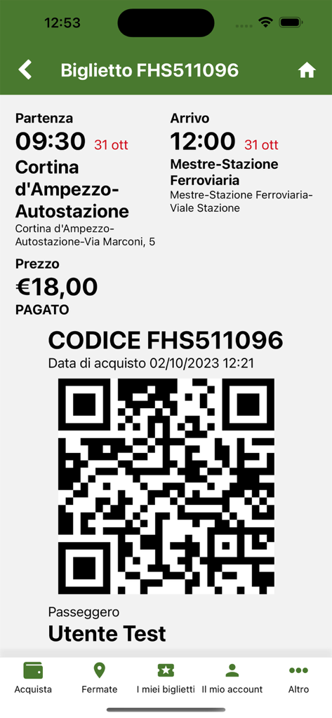 Digital bus ticket in the Cortina Express app showing travel details and a QR code for boarding
