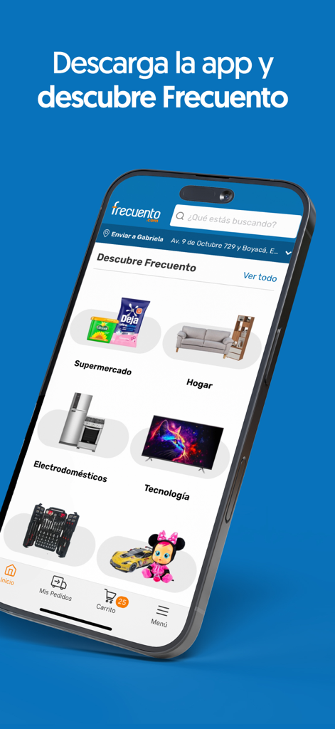 Frecuento - Interface do aplicativo móvel Frecuento exibindo categorias de compras, incluindo supermercado, artigos para o lar e eletrônicos.