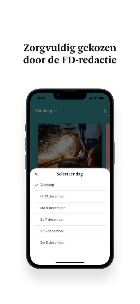 FD Compact - FD Compact app interface showing a date selection menu for curated news articles