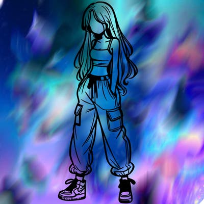 girl in baggy pants crop top and long hair