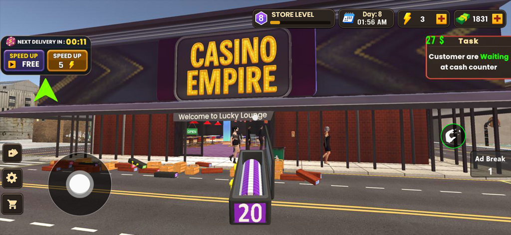 Vista externa do prédio do Casino Empire com clientes entrando e a UI de gerenciamento de jogo visível
