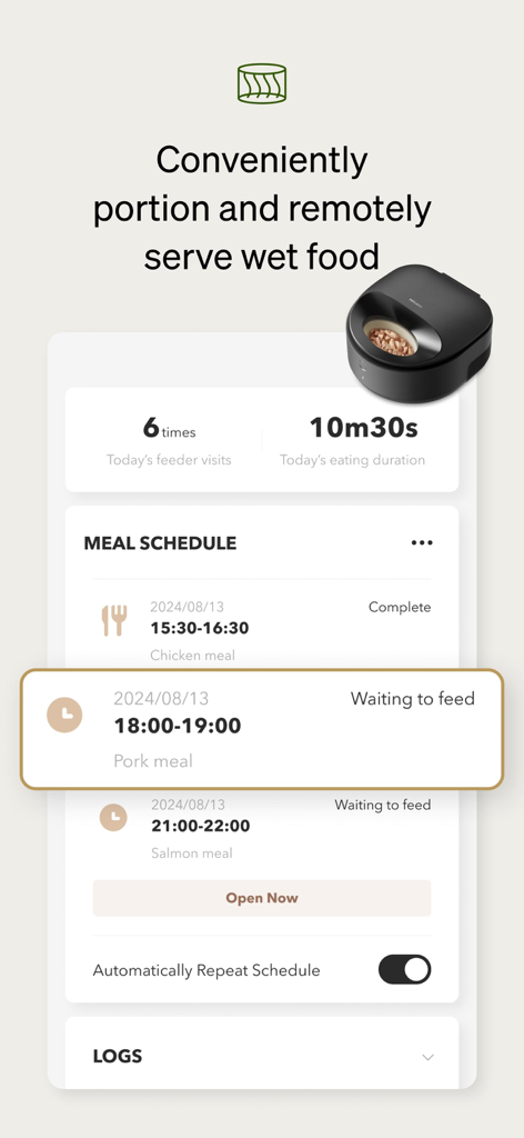 Petlibro - Oberfläche der Petlibro App, die einen Zeitplan für Nassfutter-Mahlzeiten und die Fressdauer von Haustieren anzeigt